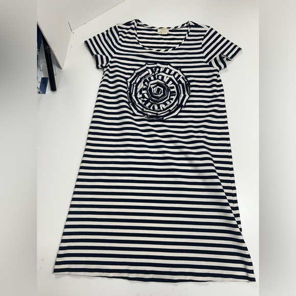 Kate Spade Mini Dress Ruffle Rosette Front Stripe Navy Blue Size Medium - Picture 2 of 12